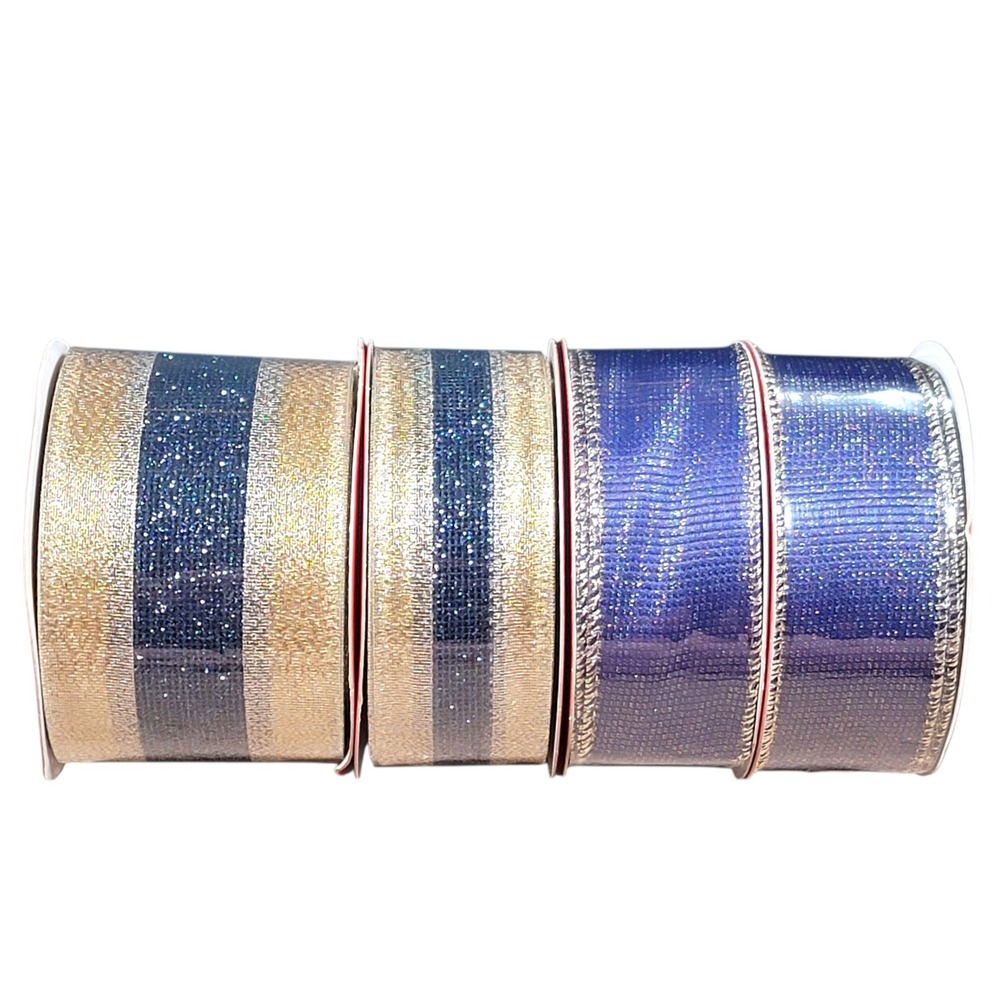 Hobby‎ Lobby Christmas Wired Edge Ribbon Lot of 4 40 Yds 1.5" 2.5" Dk Blue Gold